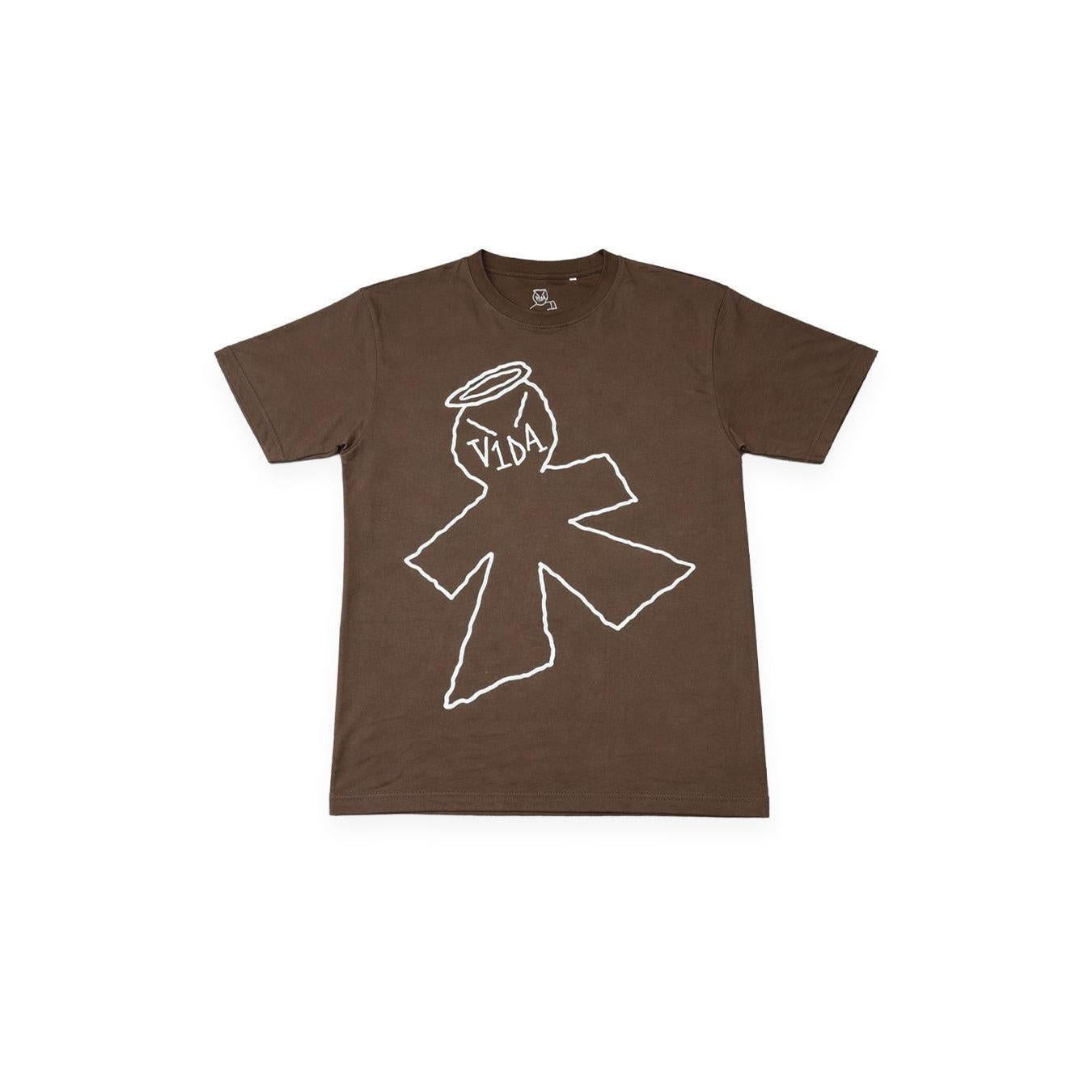 The V1da Big Ass T-Shirt features a bold white abstract graphic with a "VIDA" jar and a stylized human figure on a brown tee—perfect for adding fresh style to your collection.