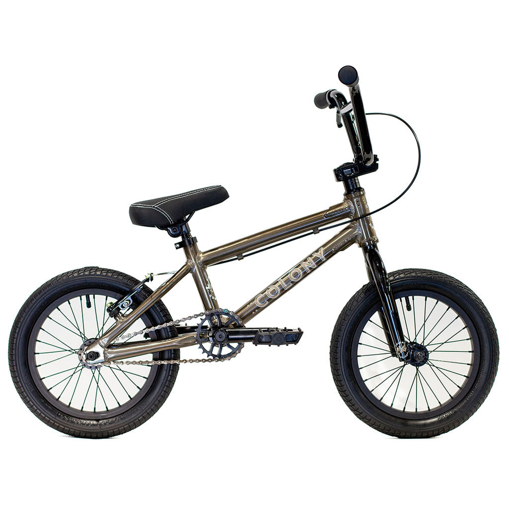 A small BMX bike from the Colony Horizon 14" Micro Freestyle Bike series, featuring a lightweight alloy frame, black handlebars, a black seat, and 16-inch wheels.