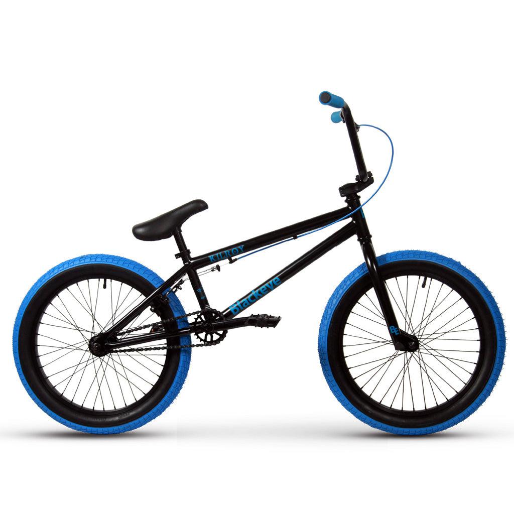 A Black Eye Kilroy 20 inch black and blue BMX bike on a white background.