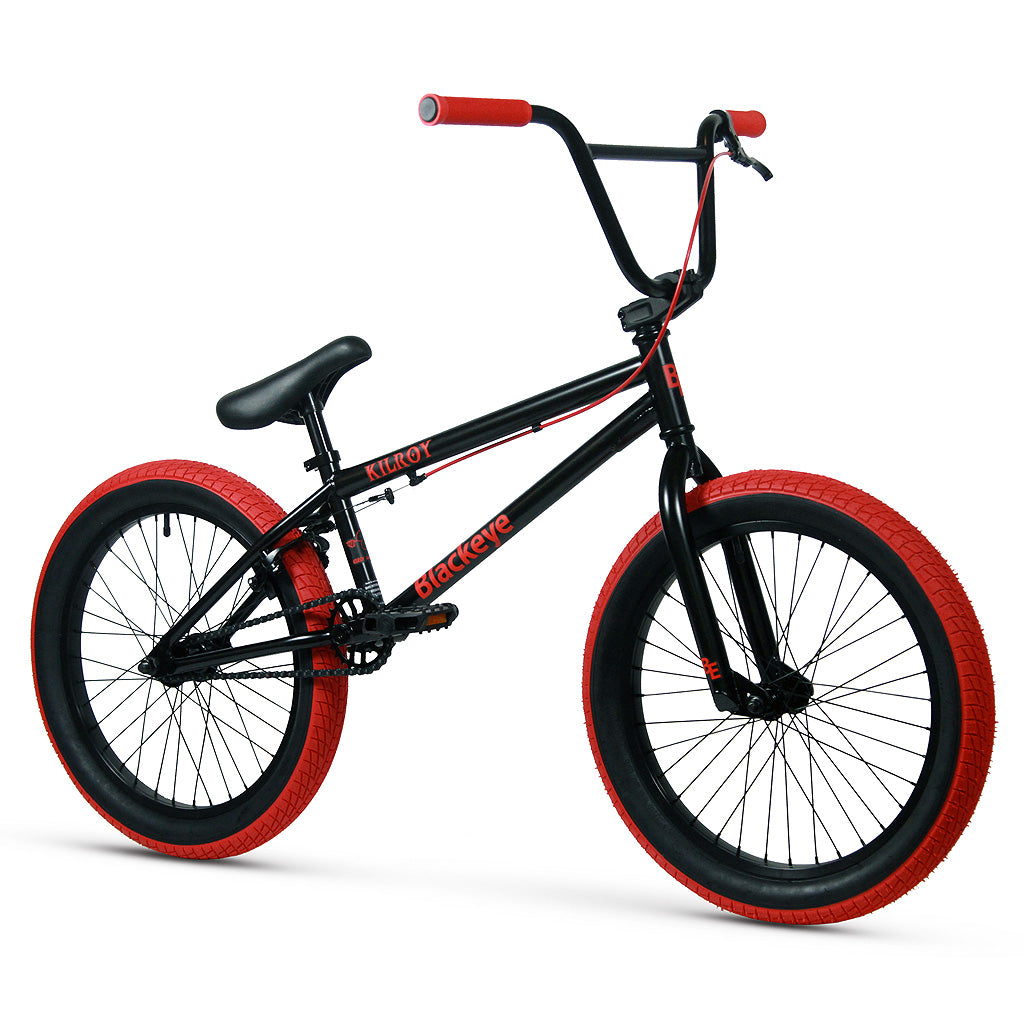 A black and red beginner's bike, the Black Eye Kilroy 20 Inch Bike, on a white background at an affordable price.