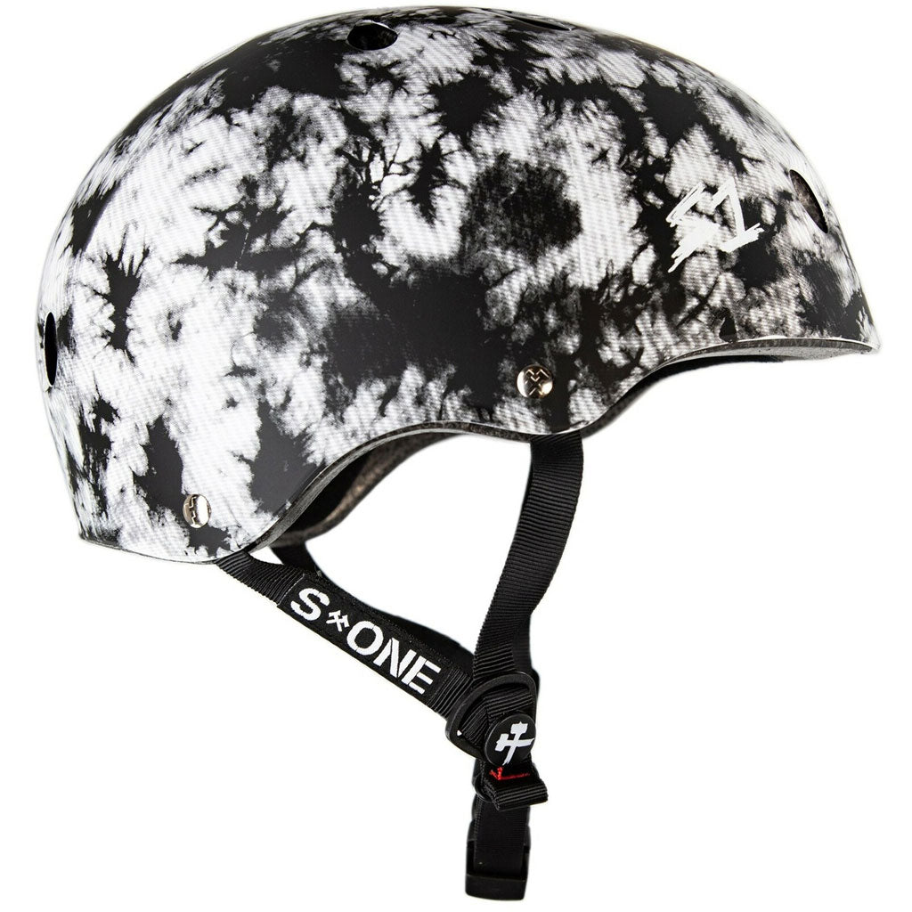 A certified S-One Helmet Lifer Black & White Tie Dye for protection.