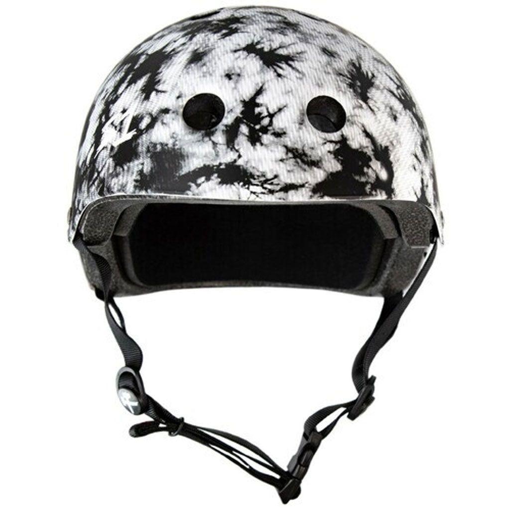 A certified S-One Helmet Lifer Black & White Tie Dye for protection on a white background.