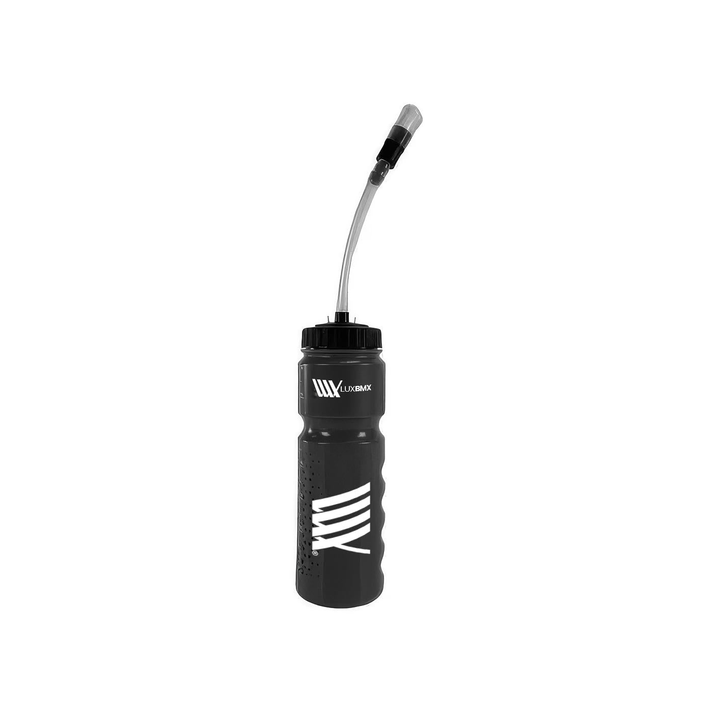 The LUXBMX Race Straw Water Bottle 750ml features BPA-free plastic, a screw-on lid, flexible straw, white logo, and ergonomic grip for easy handling during intense workouts.