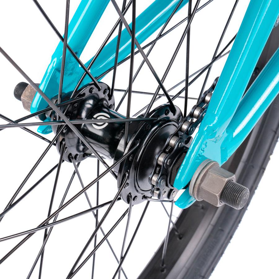 A close up of a Wethepeople Nova 20 Inch BMX Bike wheel with black spokes.