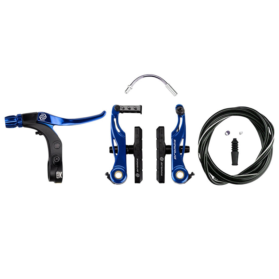 The Promax P-1 Click Mini V-Brake Kit 85mm features a blue color and includes both a cable and hose, making it the perfect choice for your braking needs. With its user-friendly click lever and durable brake.