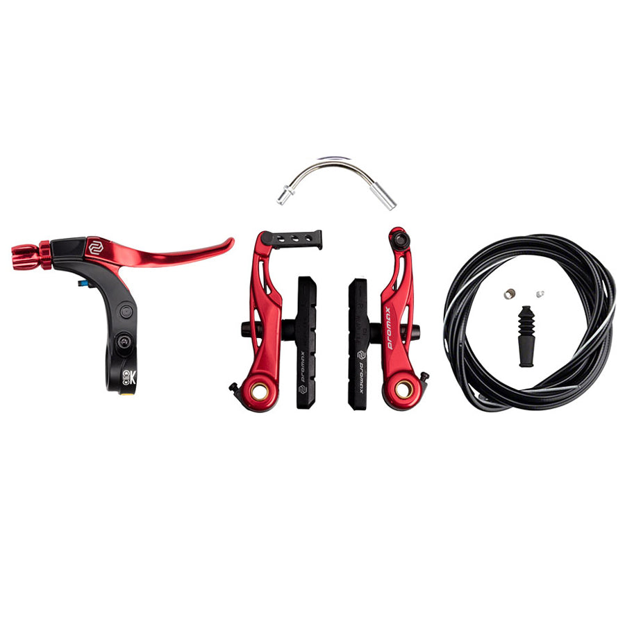 The Promax P-1 Click Mini V-Brake Kit 85mm includes color-matched Promax P-1 brake arms and click lever, providing a complete set of brakes and cables for your bicycle.