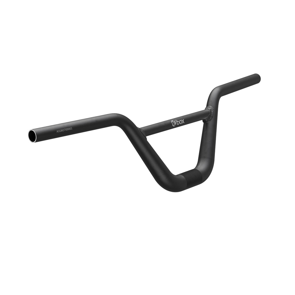 The Box One Oversized 31.8 Alloy Bars is a black bicycle handlebar with a unique, angular design, made from hardened aluminum and featuring the "box" logo in white.