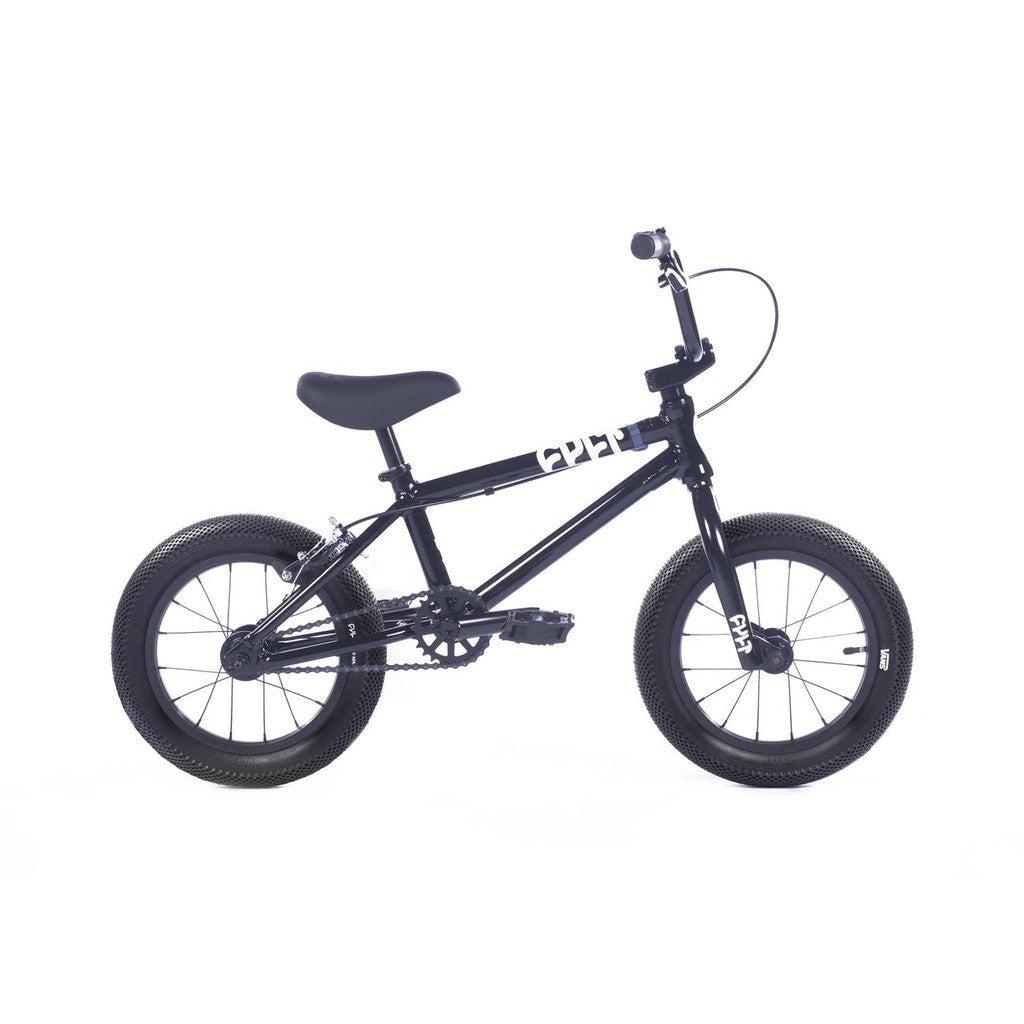 A black kids premium BMX with thick tires, a padded seat, and a "Cult" logo on the frame. This Cult Juvi 14 Inch Bike is showcased against a plain white background.