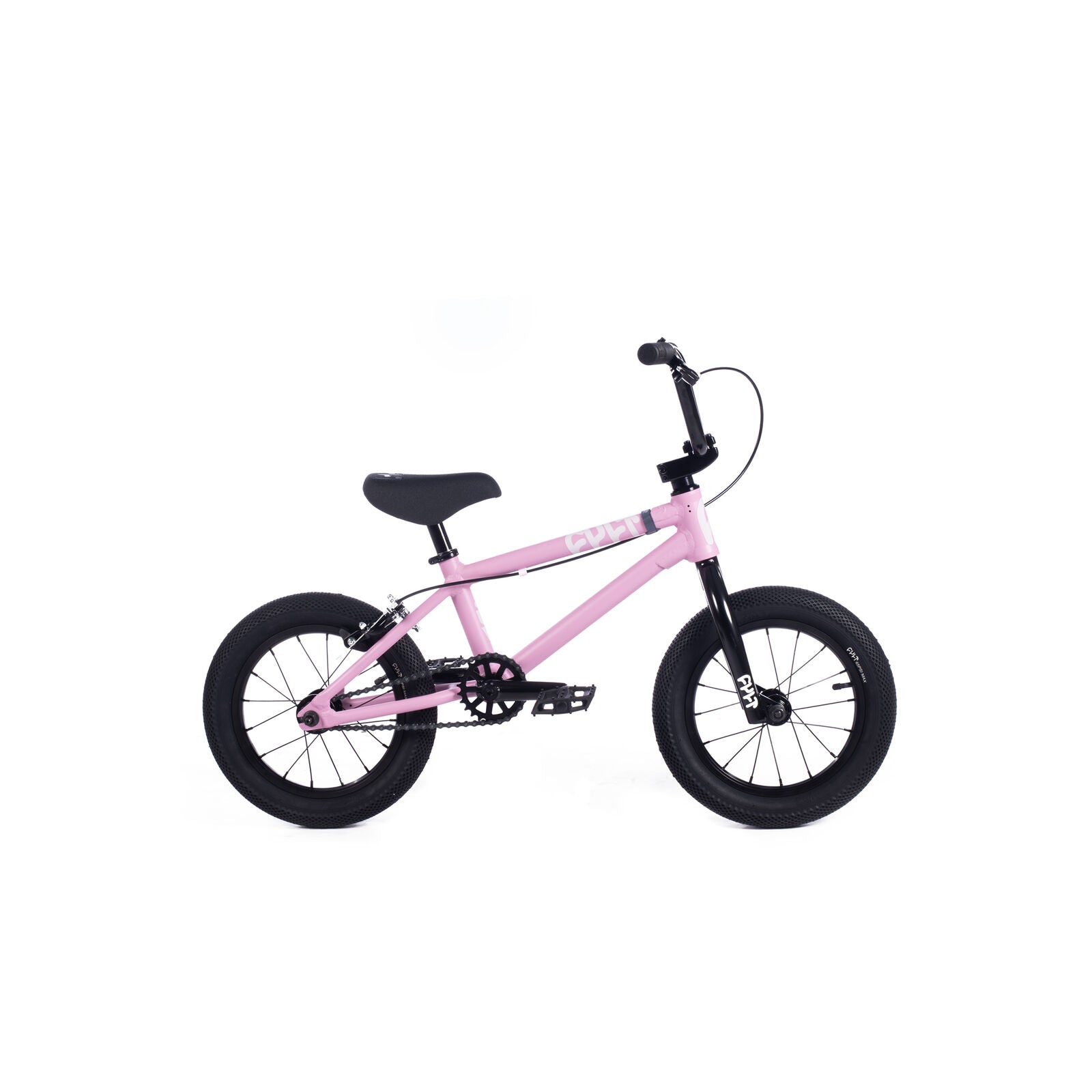 The Cult Juvi 14 Inch Bike is a small pink kids BMX with black handlebars, seat, and tires, displayed in profile against a plain white background.