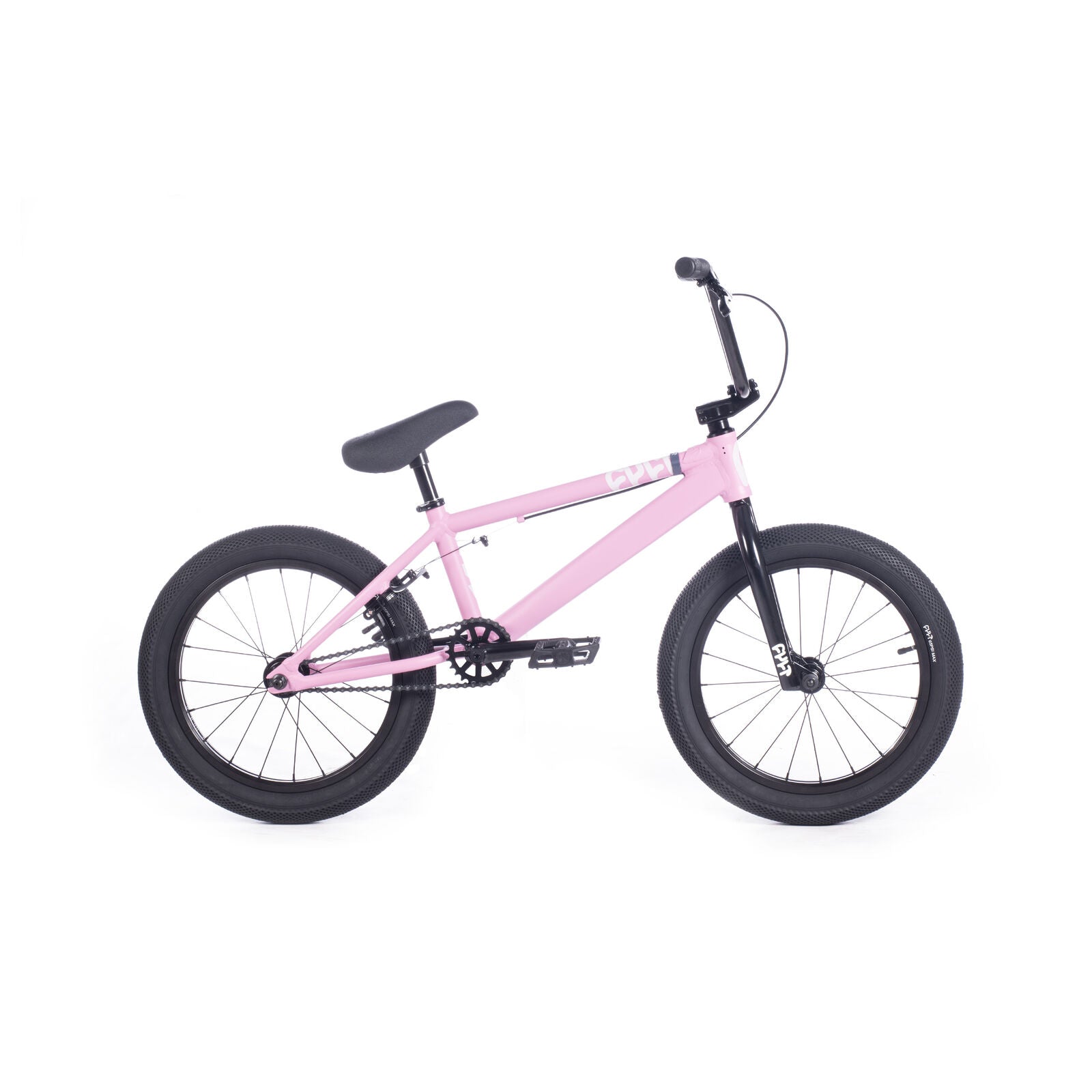 The Cult Juvi 18 Inch Bike, shown in profile on a white background, is pink with black wheels, tires, seat, pedals, and handlebars. It features a lightweight aluminium frame for easy handling.