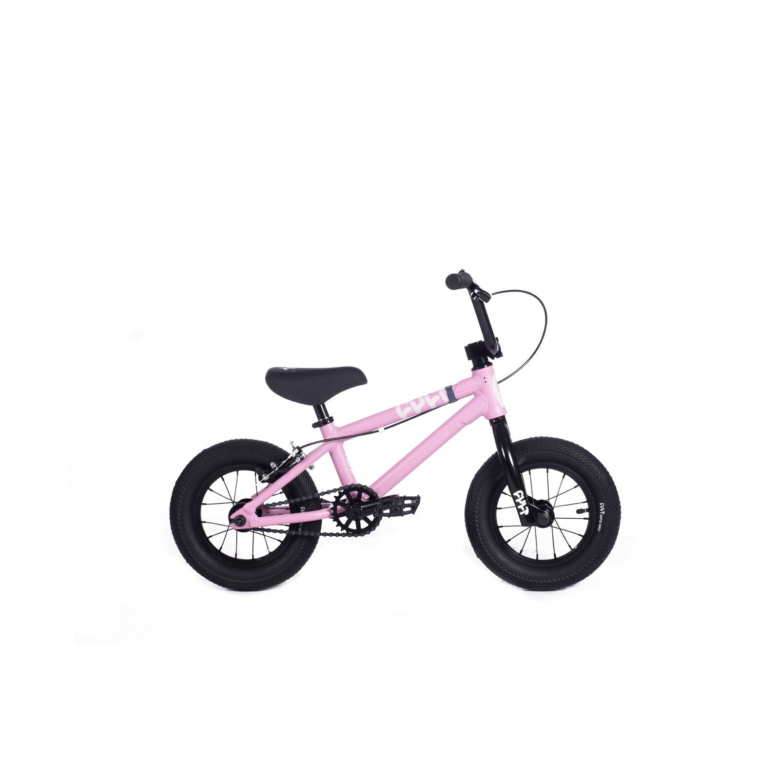 The Cult Juvi 12 Inch Bike is a small pink kids' BMX with an aluminium frame, black handlebars, seat, pedals, and tires plus white accents—a stylish bike for young riders. Shown on a white background.