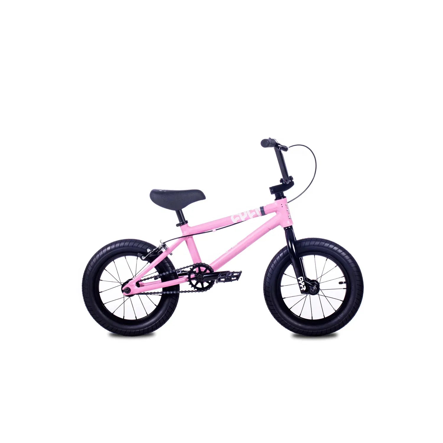 The Cult Juvi 14 Inch Bike is a small pink kids BMX with black handlebars, seat, pedals, and tires. It has a lightweight aluminium frame and is shown from the side on a white background.