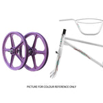 The Skyway Street Beat 20 Inch Bike is shown with two purple mag wheels, a white frame, and 4130 chromoly handlebars with decals on a white background. Text below says, "PICTURE FOR COLOUR REFERENCE ONLY.