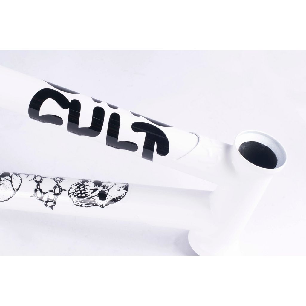 The Cult Walsh Frame, Corey Walsh Signature, features a sleek white design with black "CULT" text and a bold skull graphic, crafted with classic tubing. It's the epitome of style for any rider.