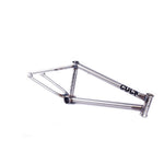 Silver Cult Dehart Frame BMX with "CULT" branding on the downtube, shown on a white background to highlight its structure and welds.