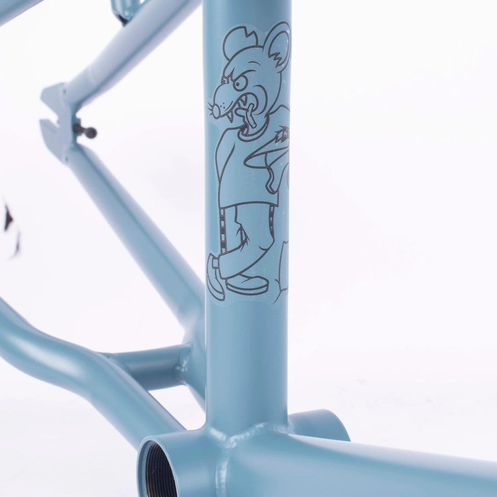 A blue Cult Vick Behm Race Frame featuring the Vick Behm signature drawing, known for its light weight and strength.
