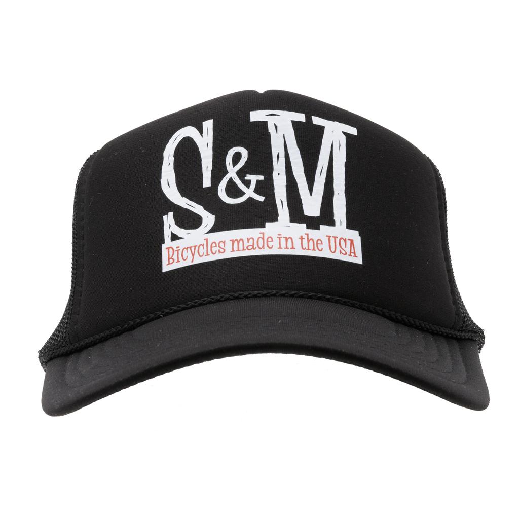 S & M Scratch Tall Trucker Cap: Black mesh-back trucker hat with white “S&M” lettering and a red “Bicycles made in the USA” banner on the front.