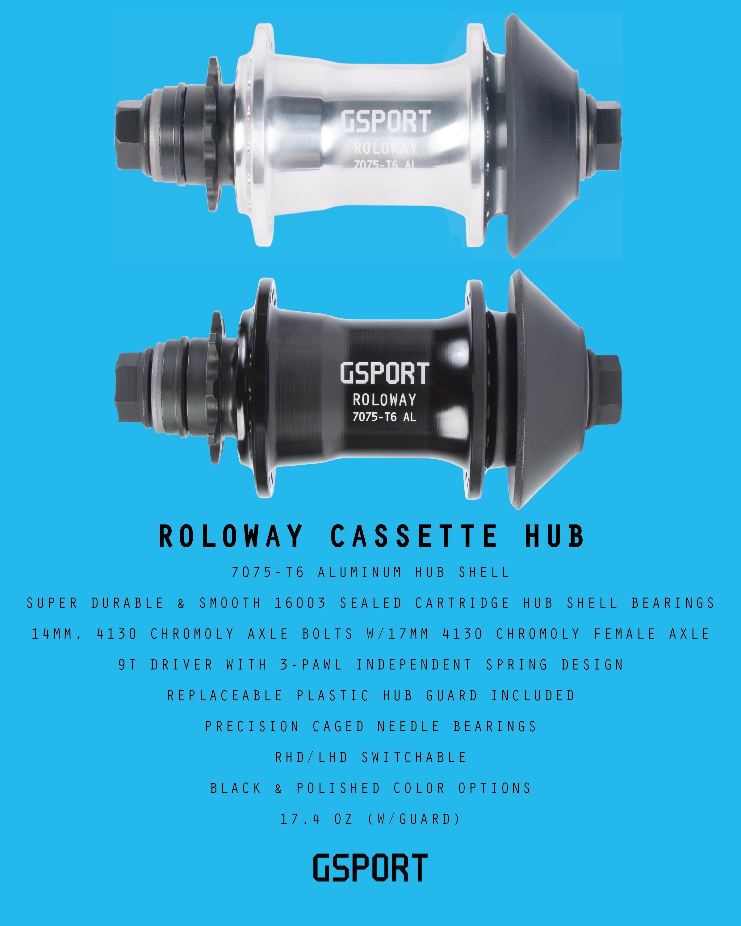 The G-Sport Roloway Rear Hub, displayed in silver and black side views on a vibrant blue background, features comprehensive product details and specifications. Designed for versatility, this premium BMX rear hub is compatible with both RHD and LHD setups.