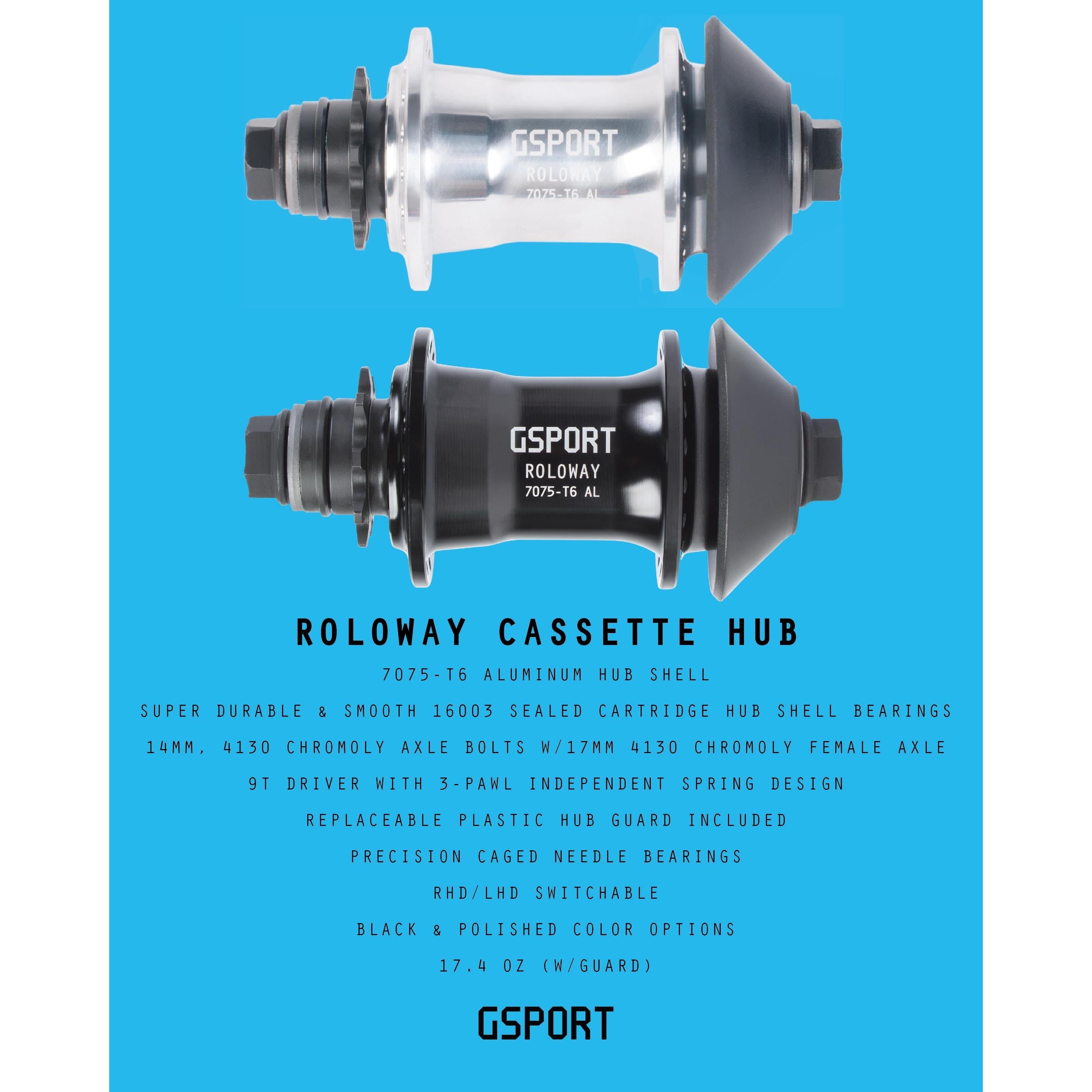 The G-Sport Roloway Rear Hub, displayed in silver and black side views on a vibrant blue background, features comprehensive product details and specifications. Designed for versatility, this premium BMX rear hub is compatible with both RHD and LHD setups.