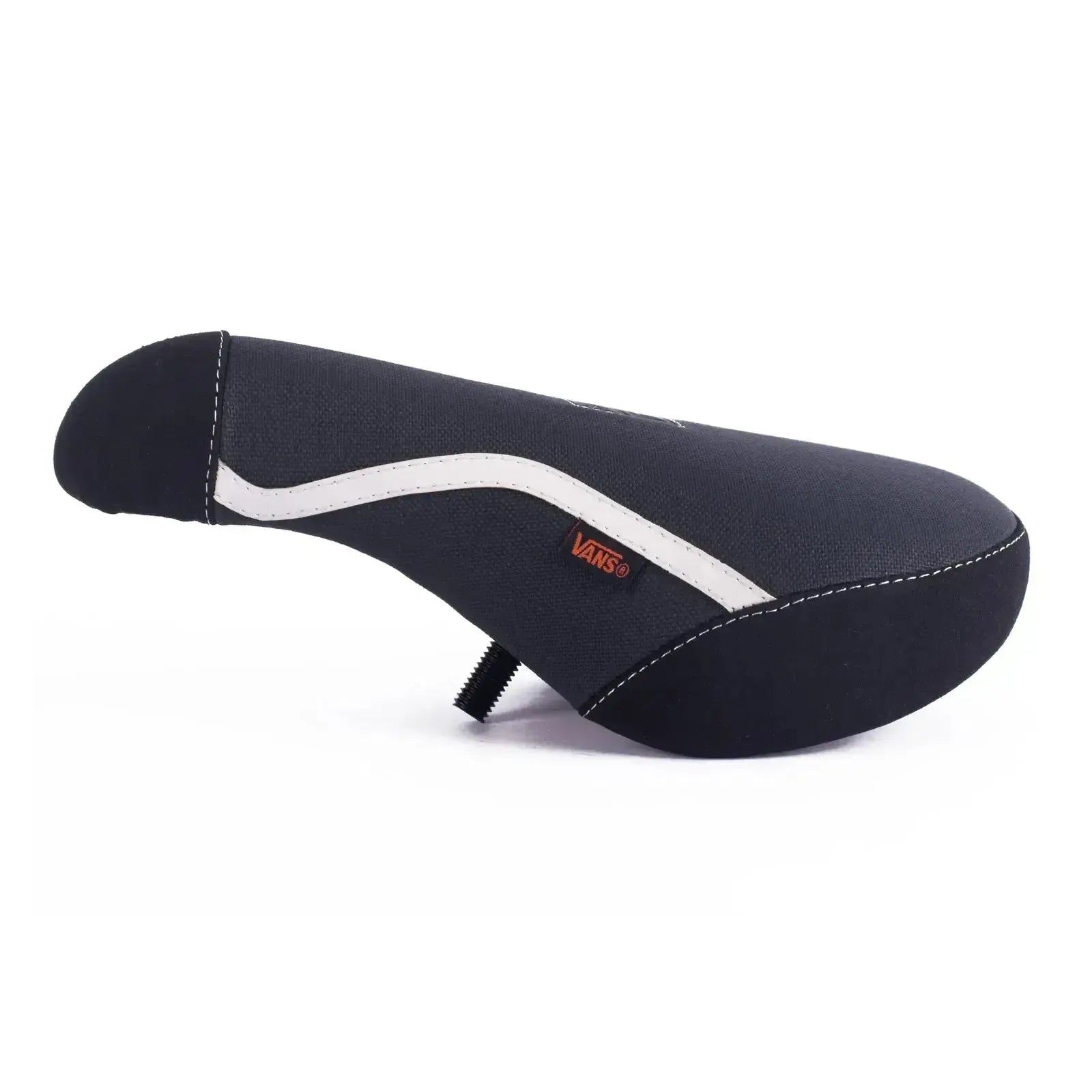 The Cult Vans Pivotal Old Skool Seat in Black/White features a white curved stripe and visible Vans tag, photographed on a plain white background. This limited edition seat offers style and comfort for your BMX ride.
