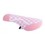 The Cult Vans Old Skool Checker Pivotal Seat features a pink and white checkered design, pink suede-like border, and black seat post attachment, inspired by the classic CULT x VANS collaboration.