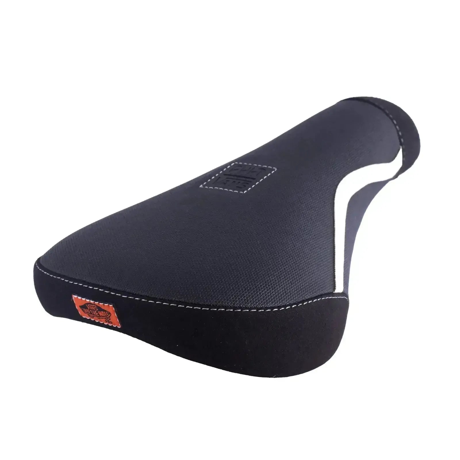 The Cult Vans Pivotal Old Skool Seat in black/white features visible stitching and a small orange logo on the back corner—ideal for upgrading your BMX with classic Cult X Vans style.