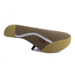 The Cult X Vans Old Skool Pro Pivotal Seat features a brown and olive fabric cover, visible stitching, and a small "Vans" side tag—this limited edition seat brings distinctive style to your bike.