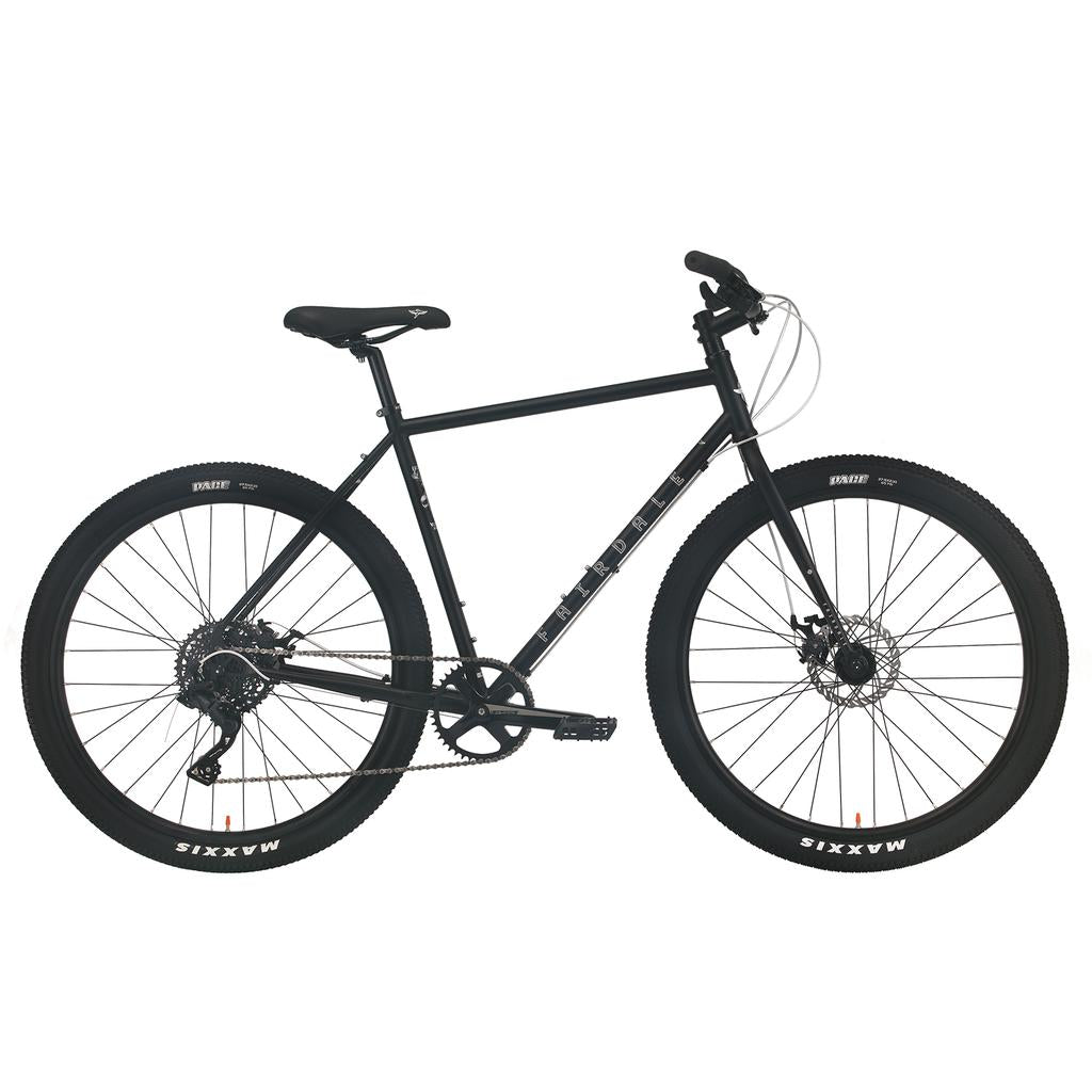 A black Fairdale Weekender Archer Bike with thick tires, disc brakes, and a flat handlebar is shown from the side against a white background.