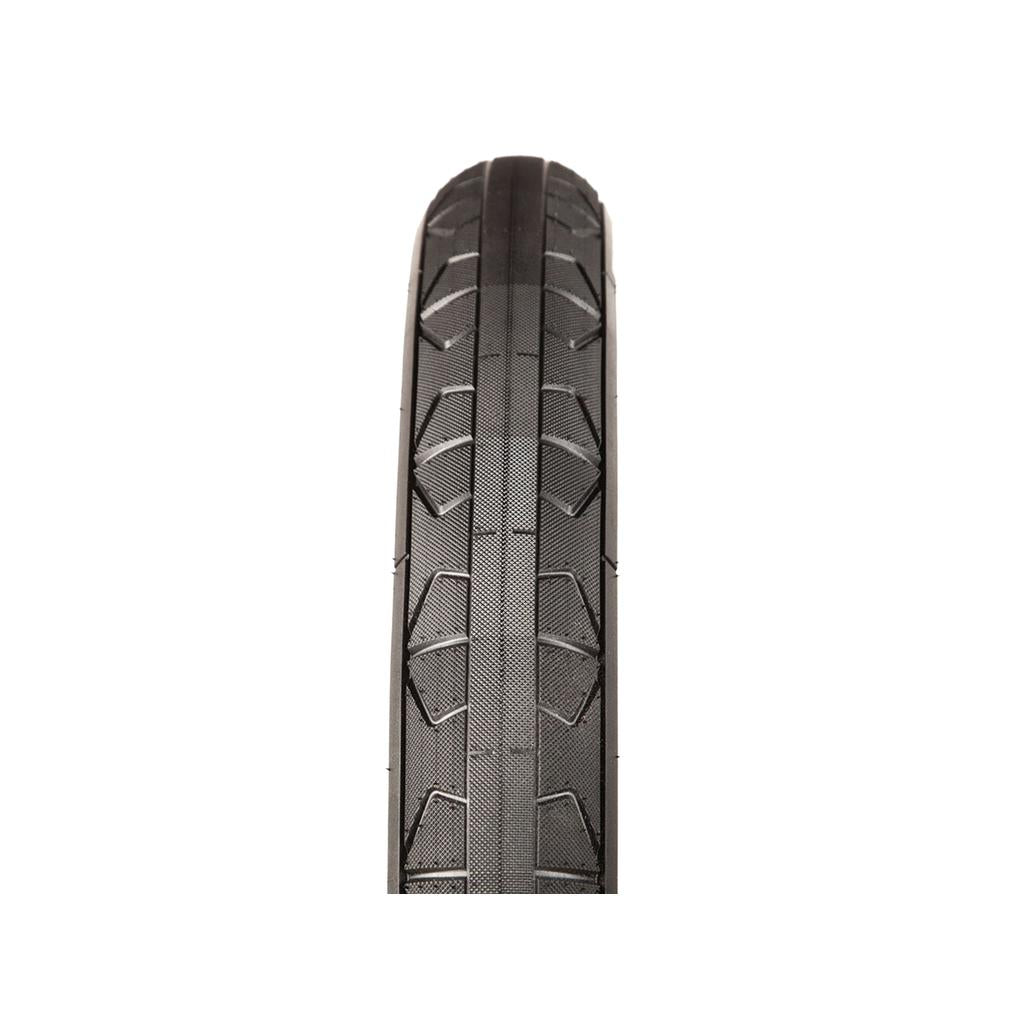 Close-up of a FITBIKECO F/U Tyre in black featuring a fast-rolling, patterned tread, viewed from above against a white background.