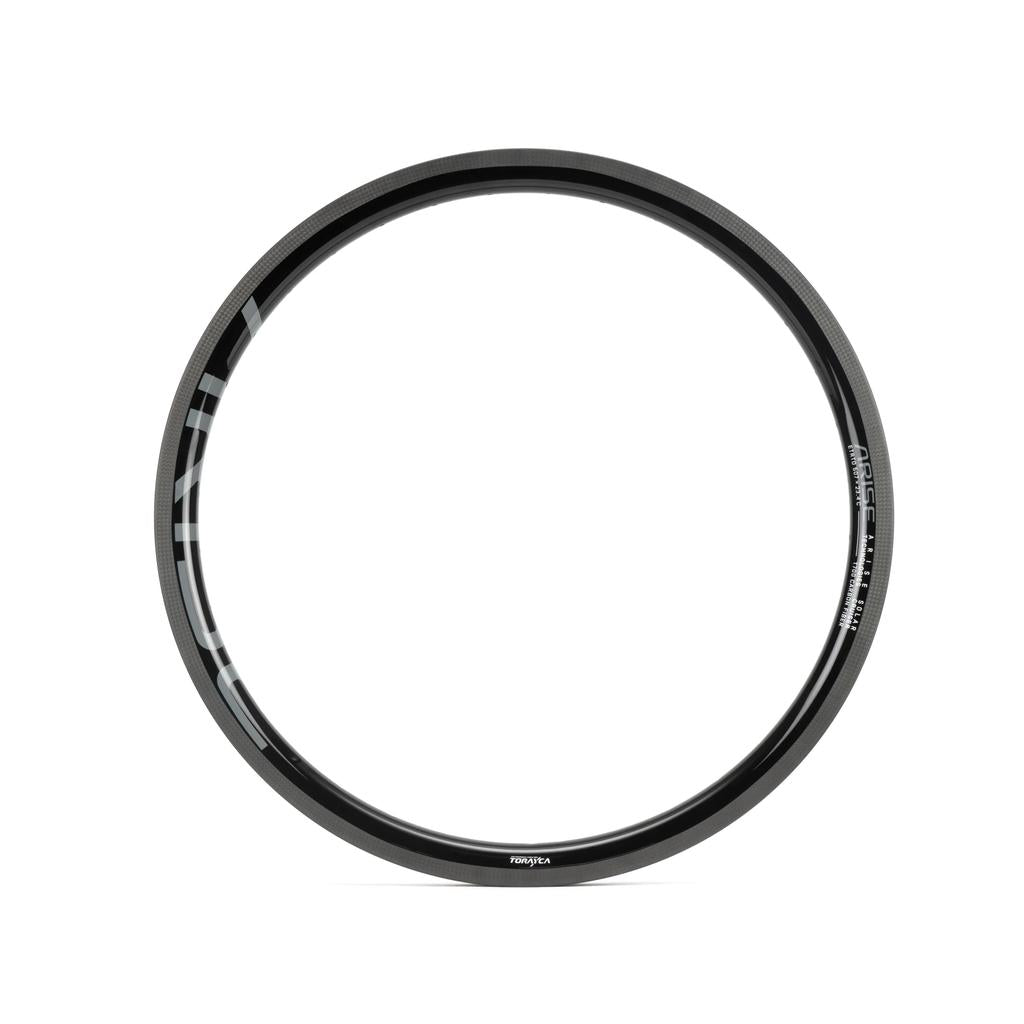 The Arise Solar 24 Inch Cruiser Rim, crafted from T700 Torayca Carbon Fibre in black with subtle white graphics, is shown against a plain white background.