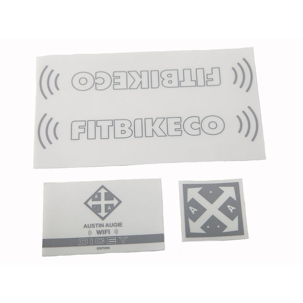 The Fitbikeco Augie Frame Decal Set includes a large decal featuring the "Fitbikeco" logo, along with two smaller decals adorned with logos and the text "Austin Augie (Wi-Fi) Dicey Edition," making it perfect for customizing your Augie frame or using as replacement sticker packs.