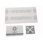 The Fitbikeco Augie Frame Decal Set includes a large decal featuring the "Fitbikeco" logo, along with two smaller decals adorned with logos and the text "Austin Augie (Wi-Fi) Dicey Edition," making it perfect for customizing your Augie frame or using as replacement sticker packs.