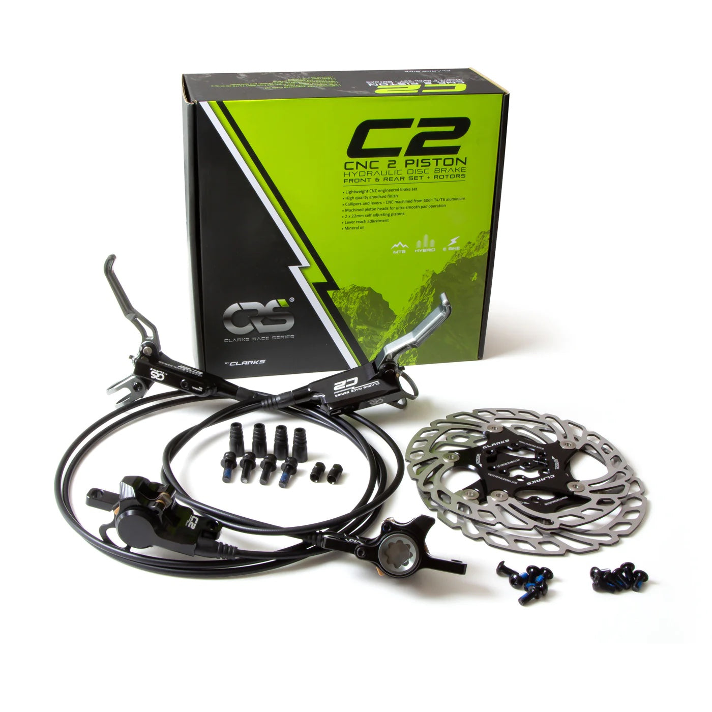 This Clarks C2 CNC Front and Rear Disc Brake Kit is designed for mountain bikes and features adjustable 2-piston callipers.