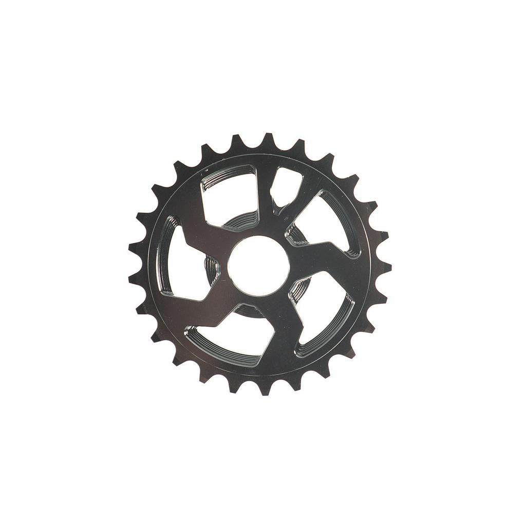 A black Cult NWO Sprocket with 25 teeth, made from tough 7075-T6 aluminum, is displayed from above against a white background.