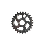 A black Cult NWO Sprocket with 25 teeth, made from tough 7075-T6 aluminum, is displayed from above against a white background.