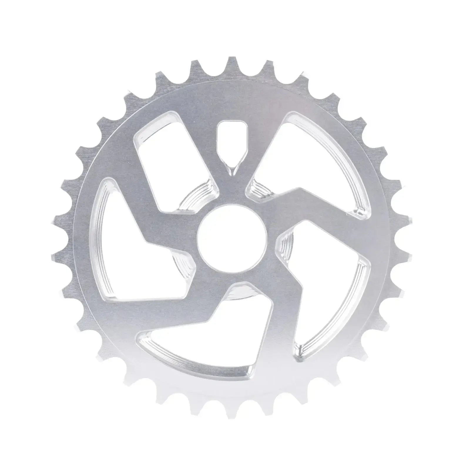 The Cult NWO Sprocket, shown in silver with 25 teeth and a geometric cutout design, is crafted from durable 7075-T6 aluminum and displayed against a white background.