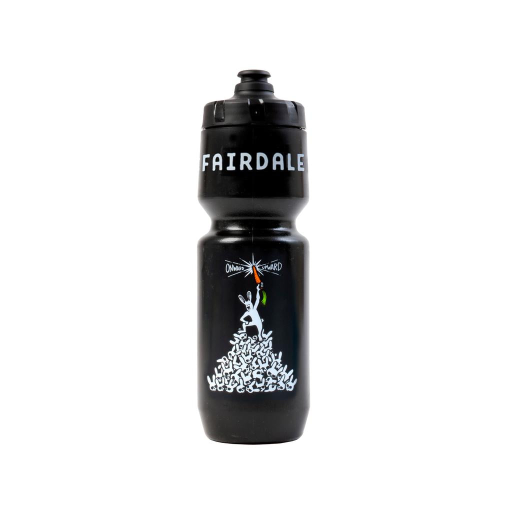 The Fairdale Vanquish Water Bottle is a black, BPA-free bottle with "FAIRDALE" printed at the top, featuring a person standing on hands below a star and the phrase "ONWARD AND UPWARD.