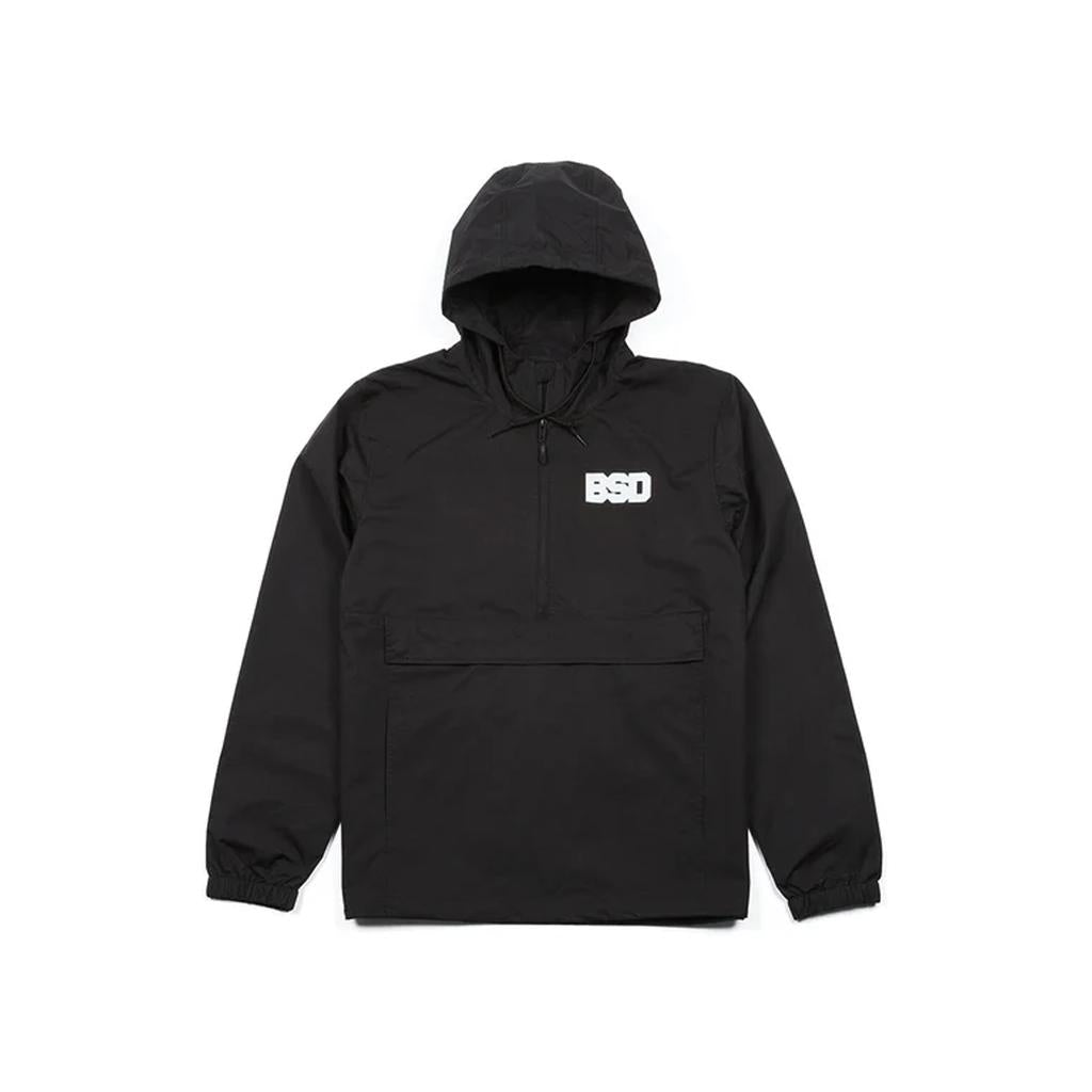 The BSD Athletic 91 Windbreaker Jacket is a black hooded pullover with a front pocket, "BSD" in white on the left chest, and made of water-resistant nylon to keep you dry.