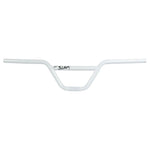 The S&M Slam Cruiser Bars are white bicycle handlebars made from 4130 CrMo, with a straight design and a horizontal crossbar near the grip ends for improved handling.