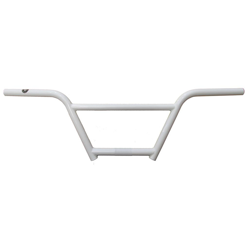 The S&M Cruiser Bars / 4 Piece are white BMX handlebars with an angular design and single crossbar, made from durable cro-mo for cruiser racing, shown against a plain white background.