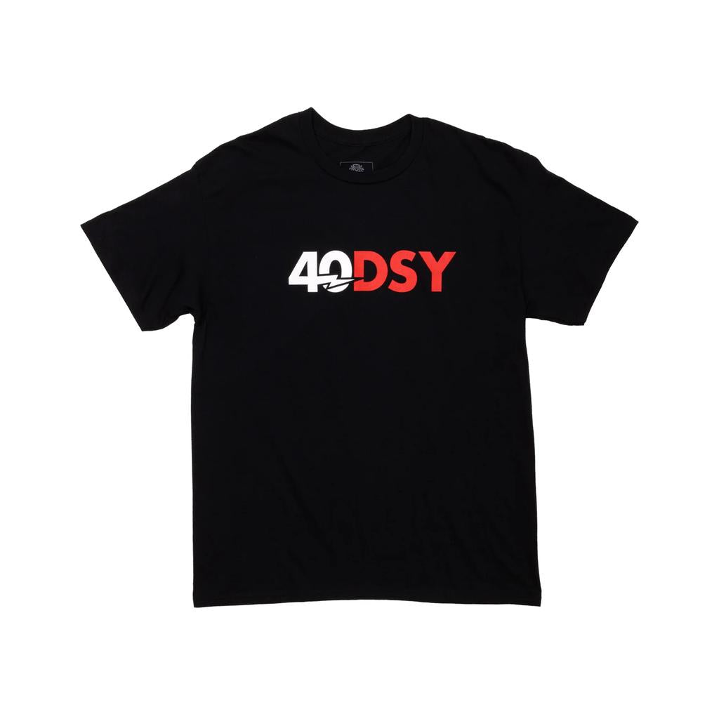 The Odyssey 40 Year T-Shirt features "40DSY" on the front with "40" in white, "DSY" in red, and a swoosh design rising through the zero.
