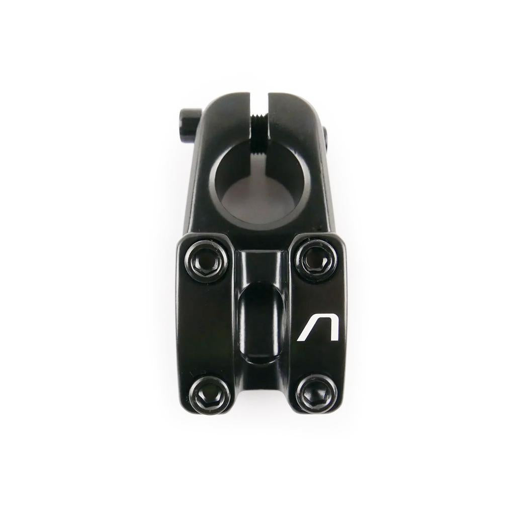 The Arise Cobalt Junior Top Load Stem offers a 40mm reach, four bolt holes, and a sleek black finish. The central clamp showcases a stylized white logo on a plain white background, combining durability with style for mini juniors.