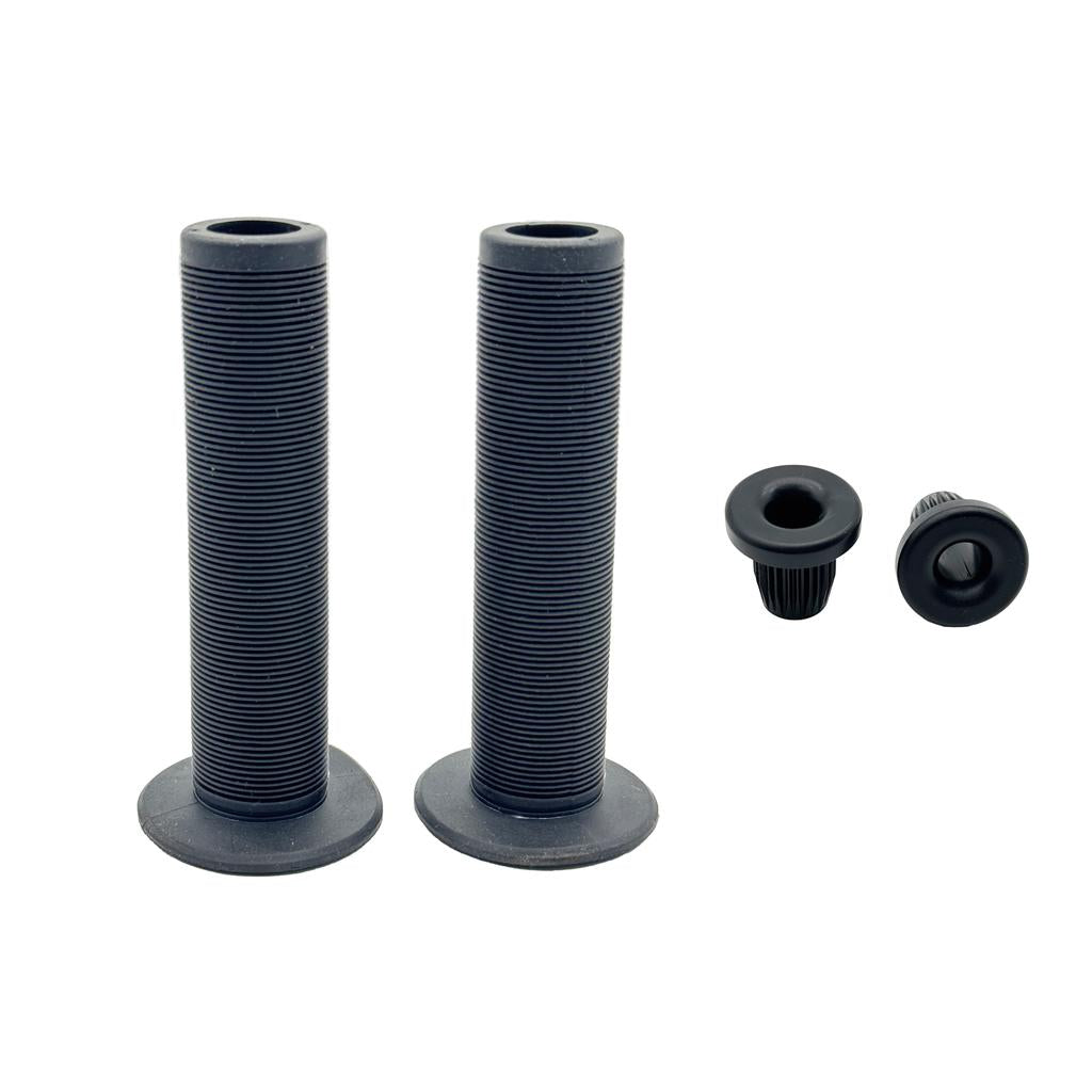 Two black DRS Mushroom Grips with a ribbed design and flanges, each cylindrical grip includes matching end plugs and is shown on a white background.