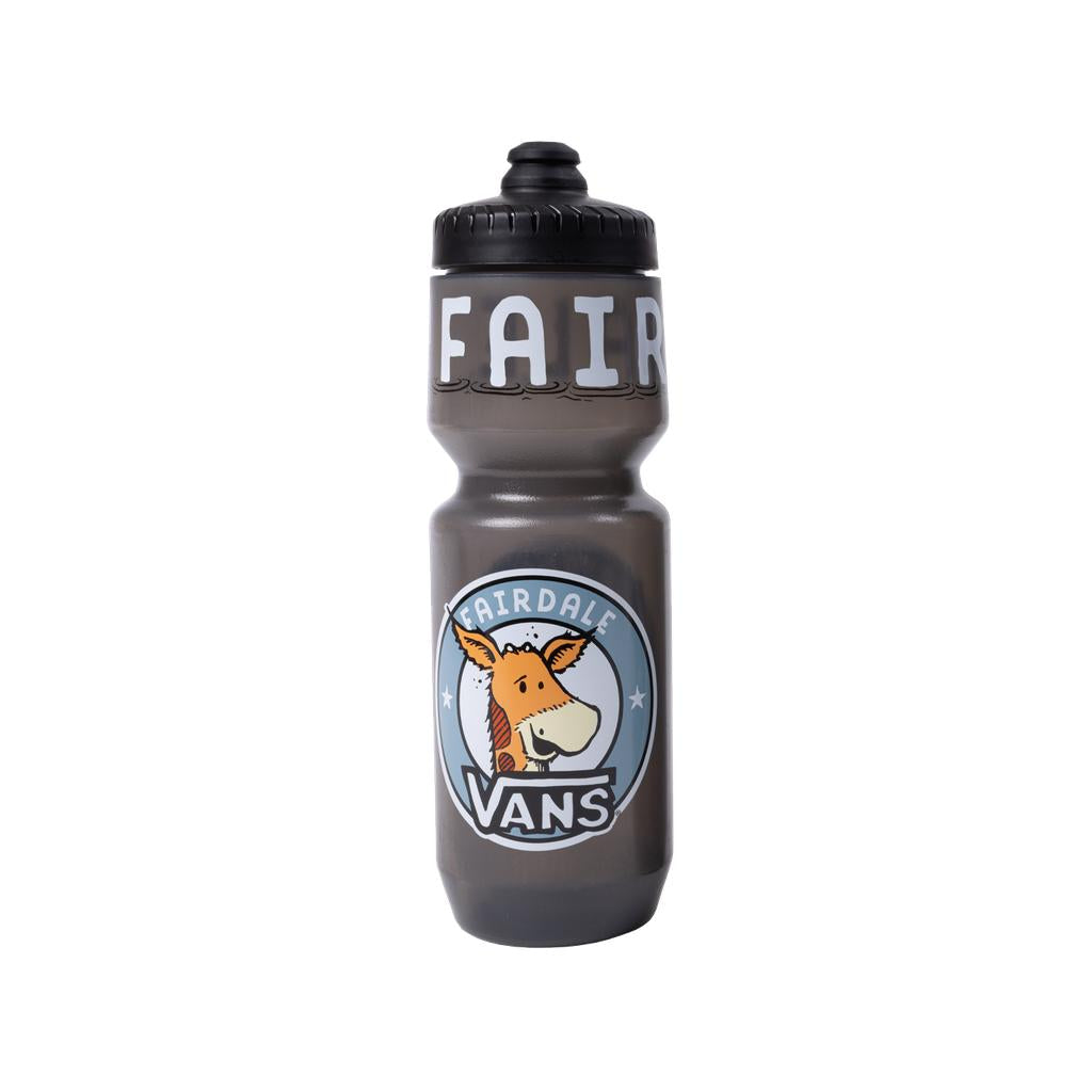The Fairdale Giraffeness Monster Water Bottle is translucent gray with a BPA-free design, black MoFlo cap, and features a cartoon donkey plus "Fairdale" and "Vans" logos on the front.