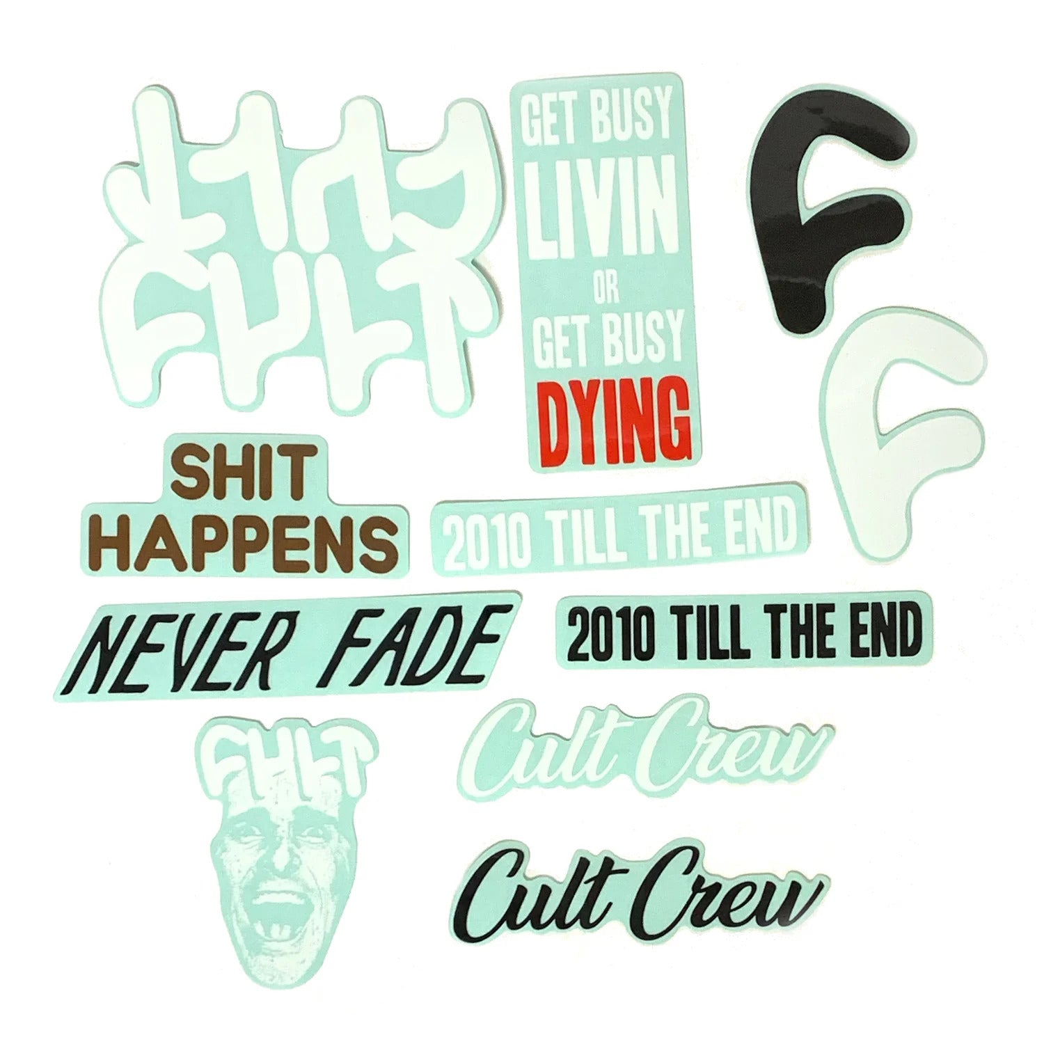 The Cult 11 Sticker Pack features a set of stickers with iconic phrases like "Get busy livin or get busy dying," "Shit happens," "Never fade," and "Cult Crew." These designs capture the edgy spirit of a cult brand through stylized text and graphics.