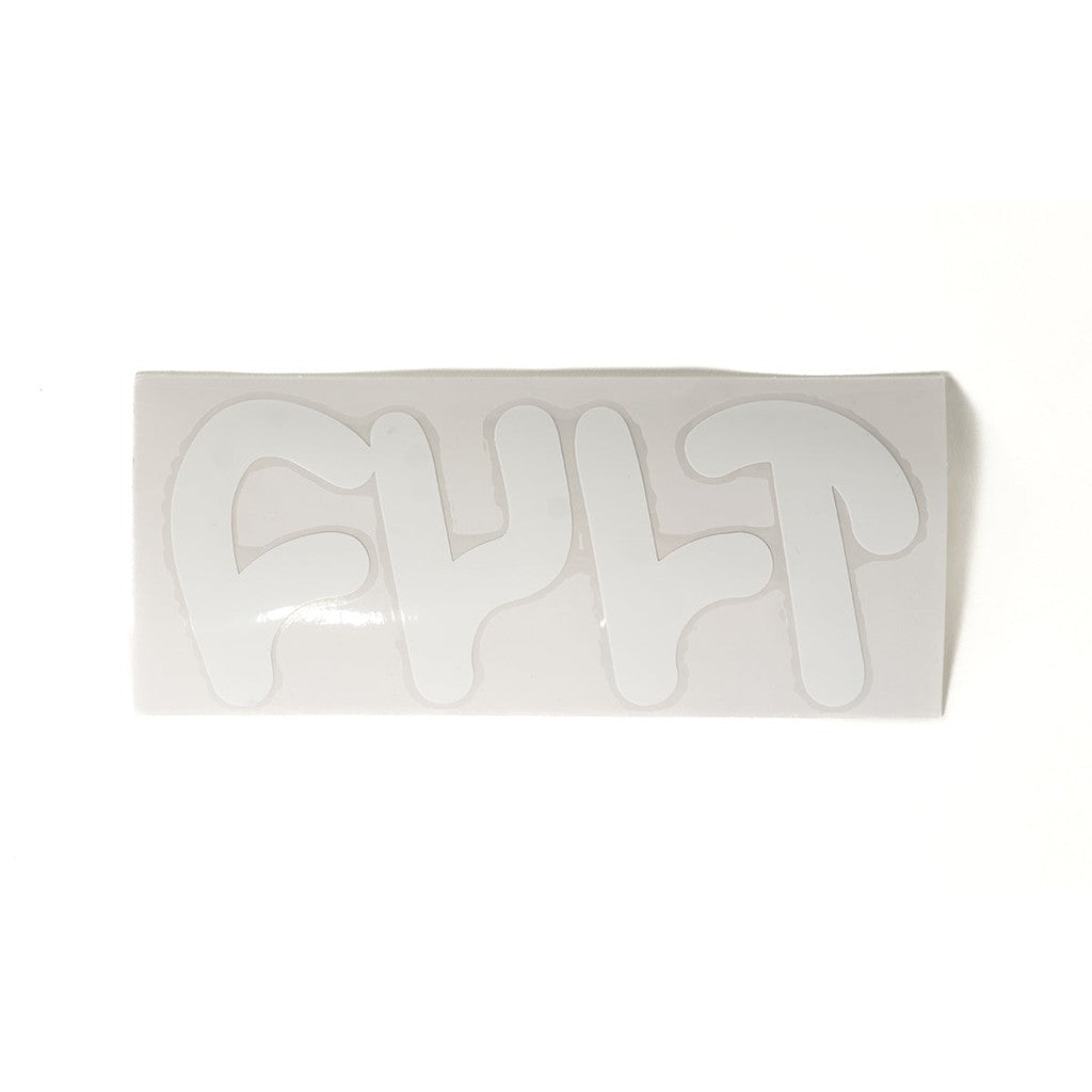 A white Cult Die Cut sticker with letters on it, perfect for fans of cult groups.