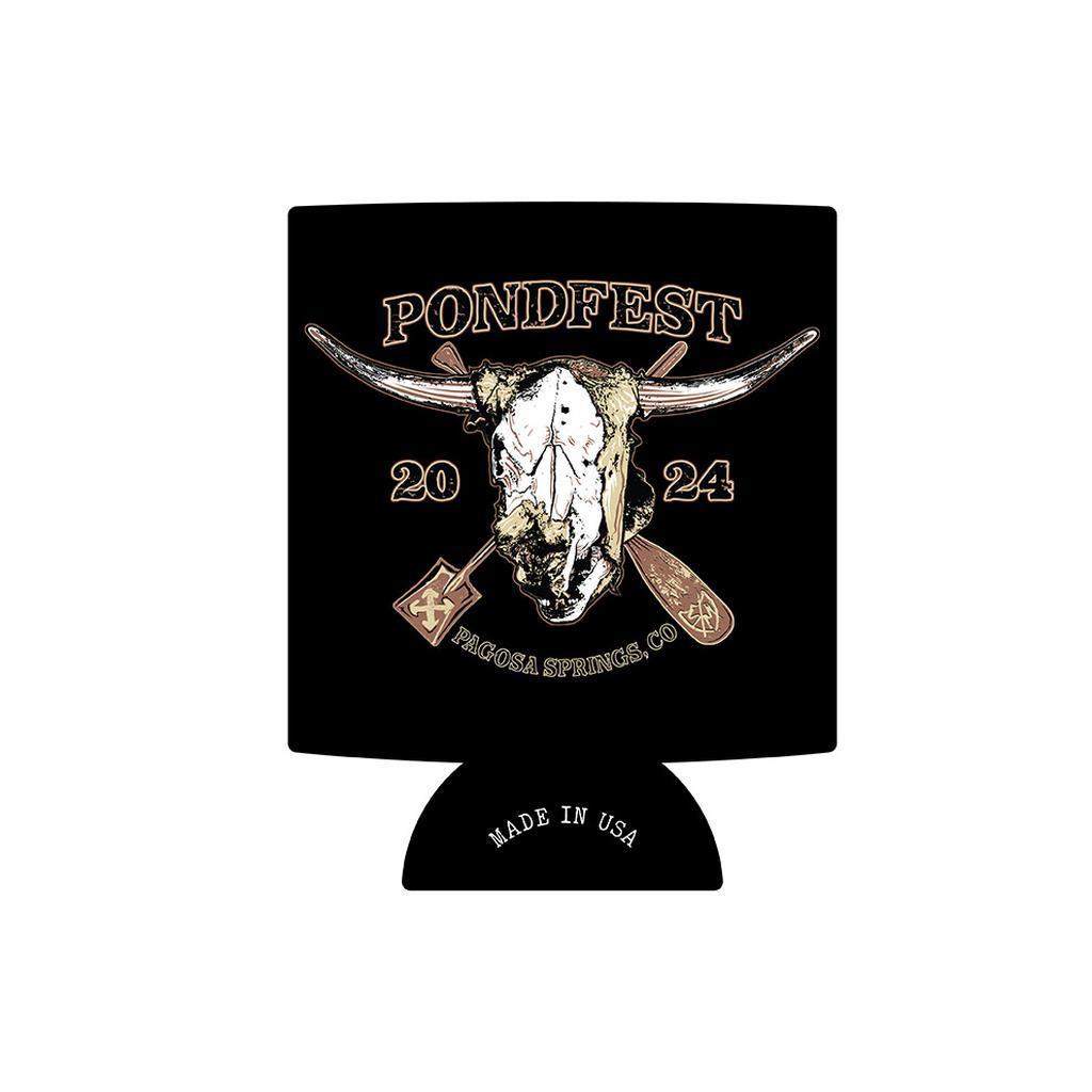 The S&M Pondfest 24 Drink Cooler is a collapsible black can holder featuring a steer skull with horns, two paddles, and "Pondfest 2024 Pagosa Springs, CO." "Made in USA" appears at the bottom.