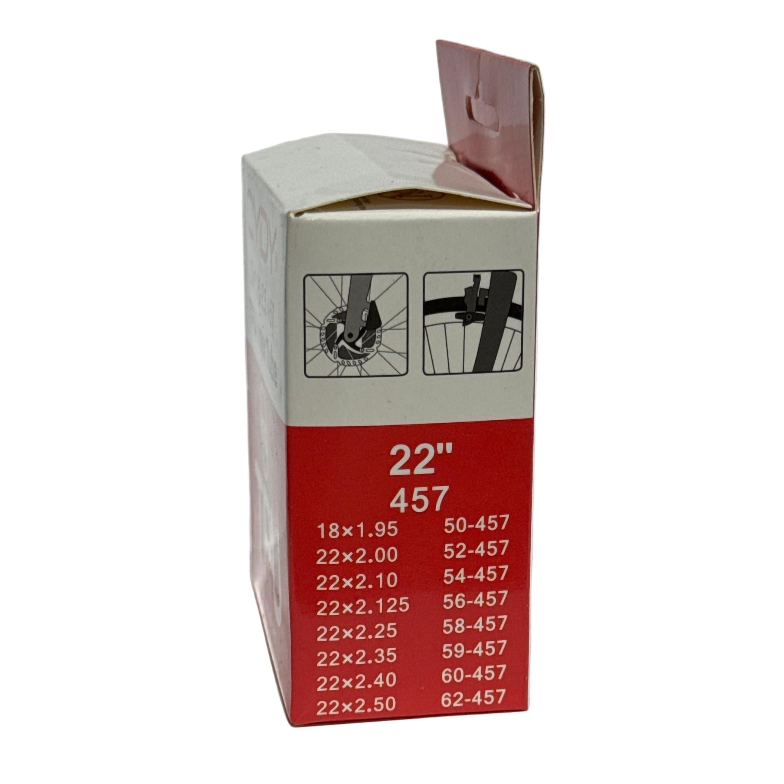 The CYDY TPU 22 Inch Inner Tube Presta Valve comes in a red and white box, compatible with 22" and 18" tires, featuring a tire size chart and black wheel/Presta valve drawings—ideal for ultra-light bike tube needs.