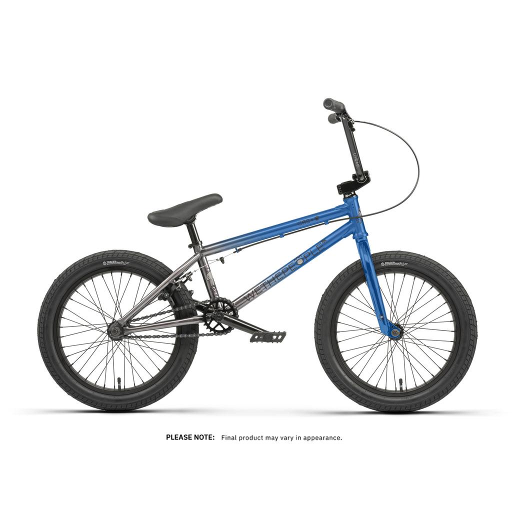The Wethepeople CRS 20 Inch Bike is shown in blue and silver with black tires, seat, and handlebars, displayed in a side profile against a white background.