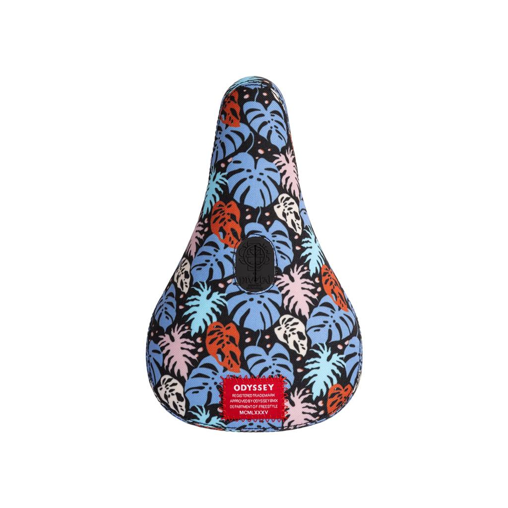 The Odyssey Tropical V1 Pivotal Seat features a vibrant blue, orange, and white tropical leaf pattern with sublimated artwork and a red Odyssey label on the front.